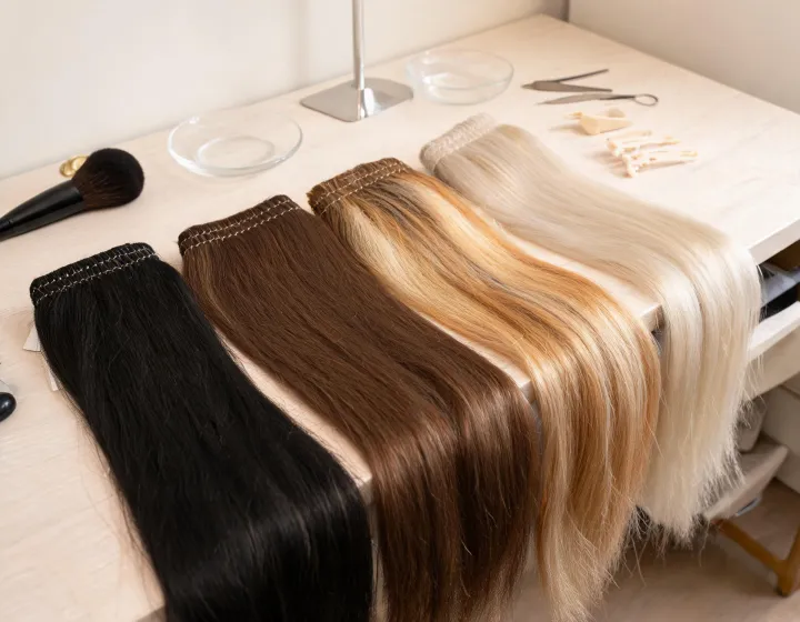 Hand-Tied Weft Extensions Sourcing on a cosmetics bench, illustration only