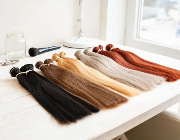hand tied weft hair extensions wholesale on a cosmetics bench, illustration only