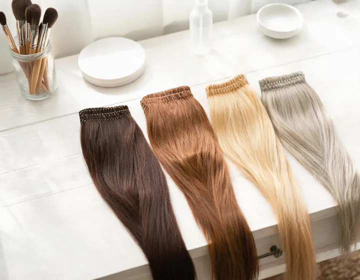 hand tied weft hair extensions on a cosmetics bench, illustration only