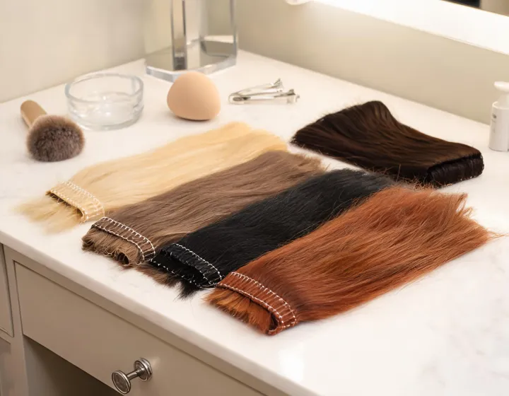 hand tied weft on a cosmetics bench, illustration only