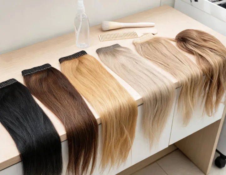 wholesale hand tied weft human hair extensions on a cosmetics bench, illustration only
